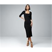 barcino Black Rib Square Neck Sticth Detail Midi Dress