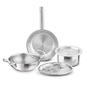 Bergner Tripro Triply Cookware Set 5 Pcs – 22cm (2.3L) Kadai with Lid, 22cm Frypan, 16cm (1.8L) Tope with Lid, Consumes Less Oil, Healthy Cooking, Even Heat Distribution, Induction and Gas Stove Ready