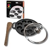 Human Hydro Cast Iron 9-Pit Paniyaram Pan (23CM) with Glass Lid & Wooden Spatula