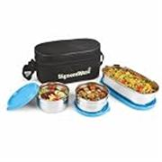 SignoraWare Mini Double Decker Stainless Steel Lunch Box,(225ml+225ml+450ml, Blue), Dishwasher Safe, Retains Freshness & Quality, Best for Office Executives & Students, Picnics and Outings